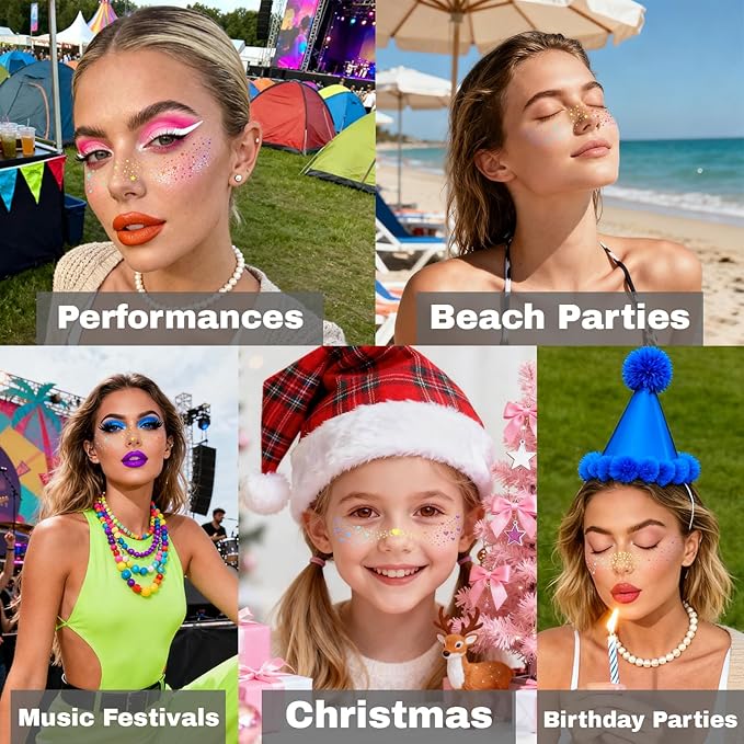 Glitter Freckles, Holographic Face and Body Glitter Tattoo Sparkle for Women Gold Glow Cosmetic Star Makeup Accessories for Festival Rave (12pcs Holographic)