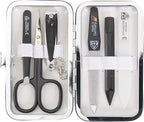 3 Swords Germany - Brand Quality 6 Piece Manicure Pedicure Grooming kit Set - Scissors, Metal and Glass Nail File, Clipper, Tweezers with Synthetic Leather case - White/Black Tools