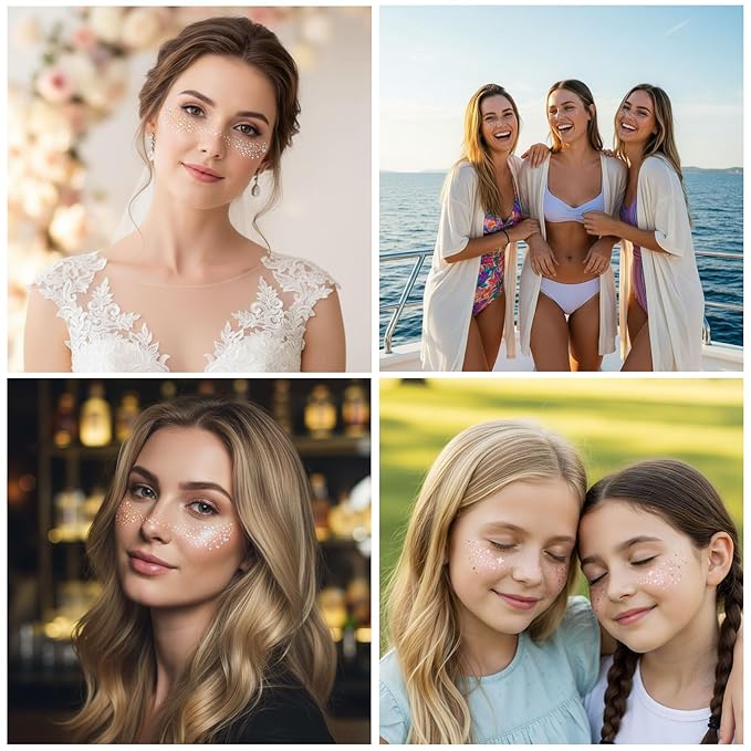 Face Glitter Freckles 12 Pcs Holographic Temporary Face Tattoos Stickers Waterproof Sparkle Face Speckles Makeup Patches Cute Body Temporary Tattoo Rave Accessories for Women Music Festival Accessorie