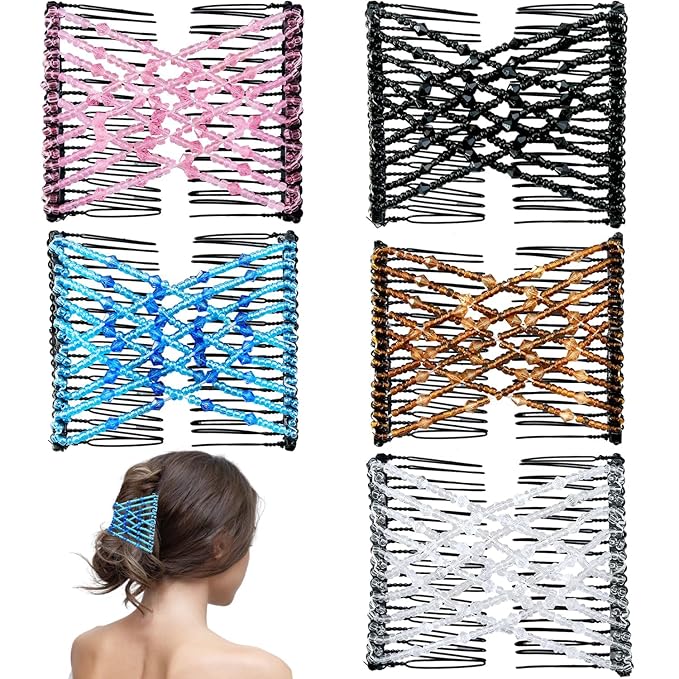 5 Pieces Magic Hair Comb Stretchy Double Comb Elastic Beaded Hair Clips for Women Girls Vintage Hairstyle Multipurpose Hair Accessories (Black, Brown, White, Pink,Blue)