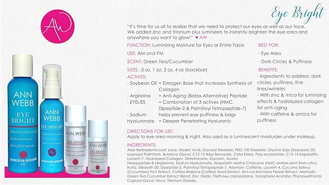 Eye Bright Cream - Anti Aging Eye Cream w/Collagen Peptides & Hyaluronic Acid for Dark Circles, Firms Fine Lines 2oz