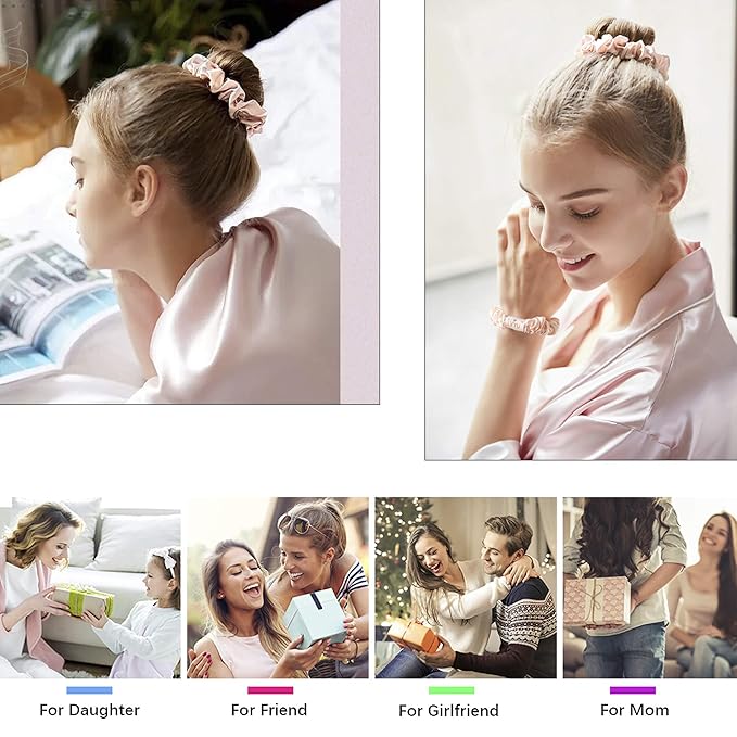 Scrunchies Silk Satin Hair Ties - Small Mini Thin Elestics Ponytail Holder Hair Bands Skinny Scrunchy For Thick Curl Hair No Crease Hair Ties Soft Accessories No Hurt Your Hair for Women and Girls