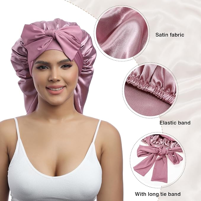 AWAYTR Long Satin Bonnet for Braids - Elastic Silk Hair Bonnets for Sleeping Night Cap Stretchy Tie Band for Women（Rose Gold）