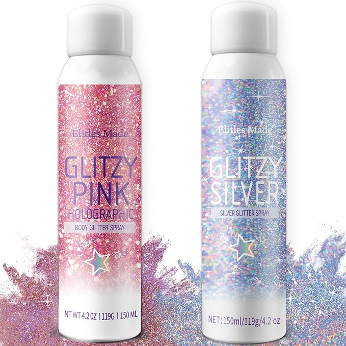 Hair Glitter, 2PCS Body Glitter Spray Glitter Hairspray for Kids Women, Long-Lasting Quick-Drying Holographic Glitter Spray for Hair and 8.4 Fl OZ (Holo Silver+ Holo Pink)