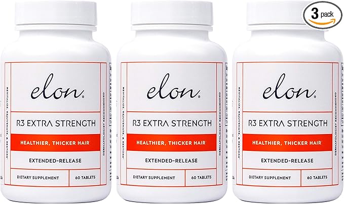 Elon R3 Extra Strength for Hair Growth - Supplements for Women to Grow Thicker, Fuller Hair, Advanced Formula with 5000 mcg Biotin Per Serving & Collagen, 60 Count (Pack of 3)