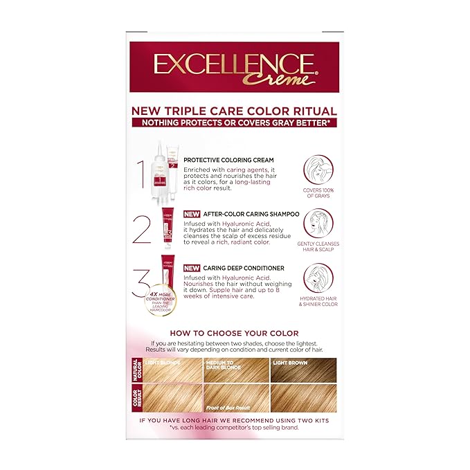 L'Oreal Paris Excellence Crème Permanent Hair Dye, Triple Care Hair Color with Pro-Keratine Complex for 100% Gray Hair Coverage, 8G Medium Golden Blonde, 1 Kit