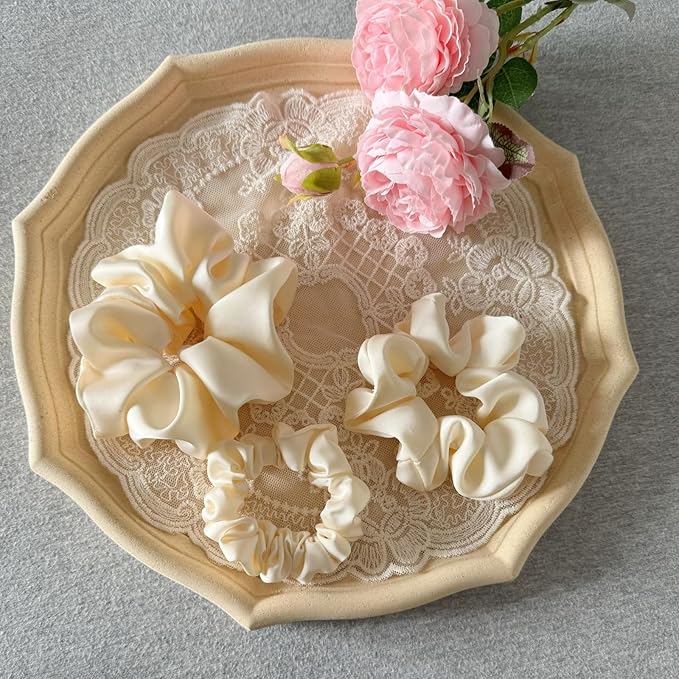 3 Pieces Satin Scrunchies Set for Hair No Crease Elastic Hair Ties for Women and Girls (Beige)