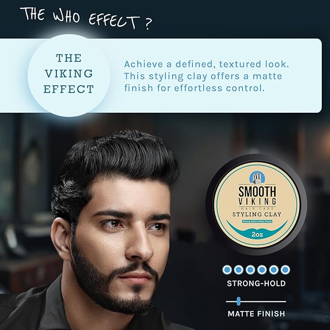 Smooth Viking Hair Clay for Men - Strong Hold Clay Pomade, Matte Finish, Oil-Free, Made in USA, All Hair Types, Natural Scent, Easy Wash Out, Thickening, Nourishing, 2oz