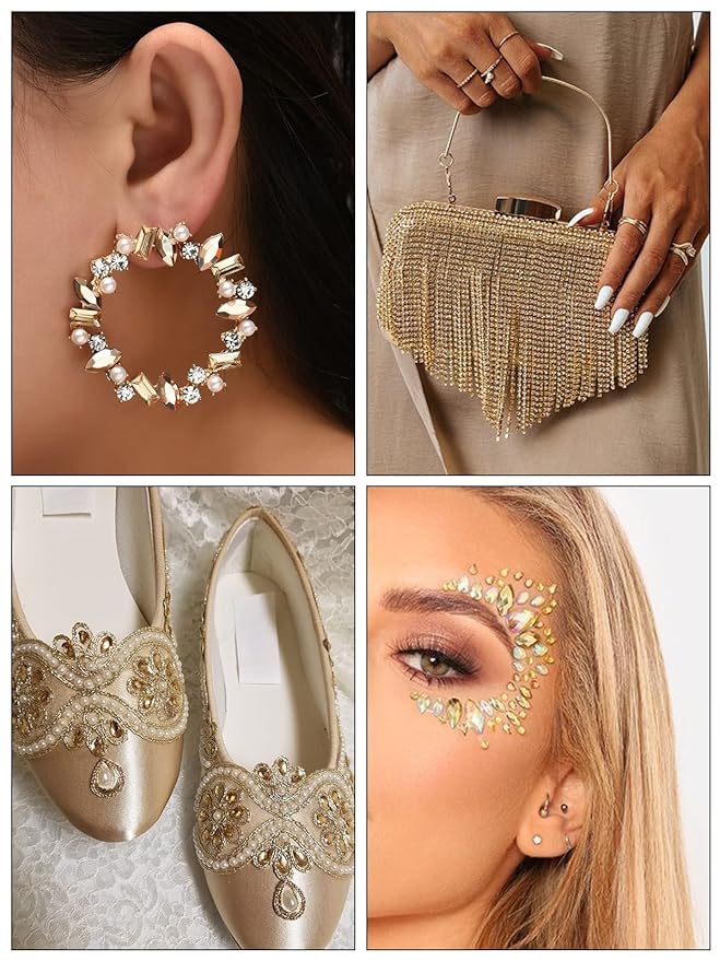 1620Pcs Crystal Nail Rhinestones Nail Art, Wsimily Champagne Gold Nail Rhinestones Round Beads Flatback Glass Gems Stones Multi Shapes Nail Crystals with Picker Pencil and Tweezer Nail Decoration