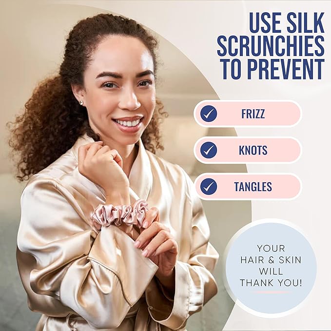 Blissy Silk Scrunchies (3 Pack) - 100% Pure Mulberry Silk - 22 Momme 6A High-Grade Fibers Scrunchie for Straight & Curly Hair - Preventing Breakage, Tangling, & Creasing (Pink Skinny)