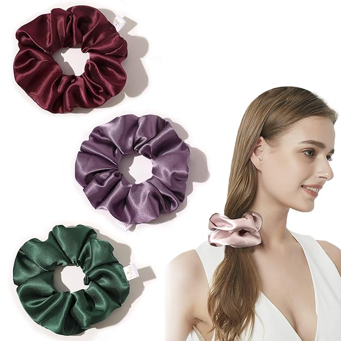 Silk Scrunchies for Girls and Women - Cute Hairties for Thick, Curl, or Fine Hair, No Crease Soft Hair Accessories, Ponytail Holders (Burgundy, Purple, Pink, Green)