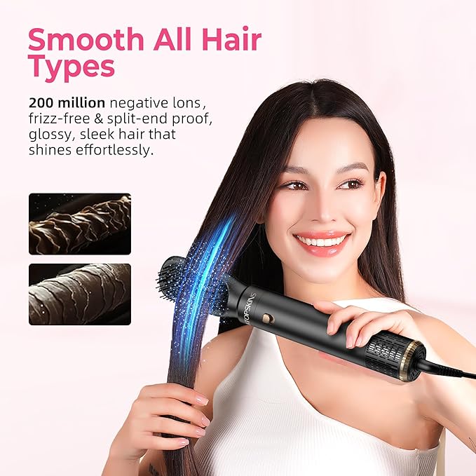 6 in 1 Hair Dryer Brush, Detachable Air Styler, 3 Heat Settings Blow Dryer Brush Frizz-Free Volumizing, Straightening, Curling ALCI Safety Plug for Travel & Home Styling (Pink-Black)