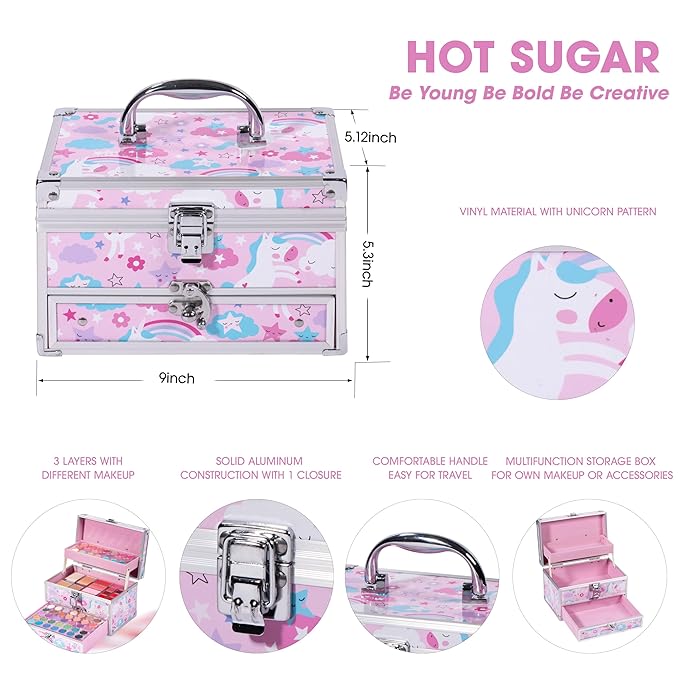 Hot Sugar Makeup Kit for Teens with Unicorn Train Case, Portable Beginner Makeup Gift Set, Makeup Beauty Kit for Girls
