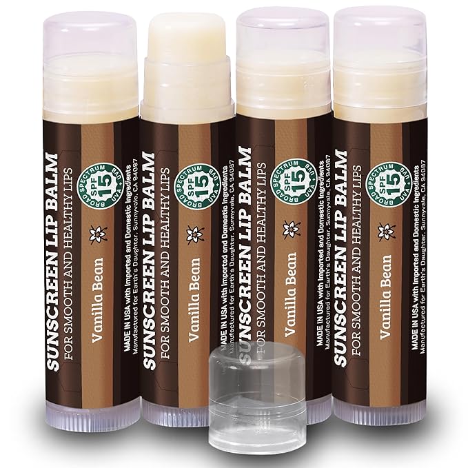 Earth's Daughter SPF Lip Balm 4-Pack - Lip Sunscreen, SPF 15, Organic Ingredients, Vanilla Flavor, Beeswax, Coconut Oil, Vitamin E - Hypoallergenic, Paraben Free, Gluten Free