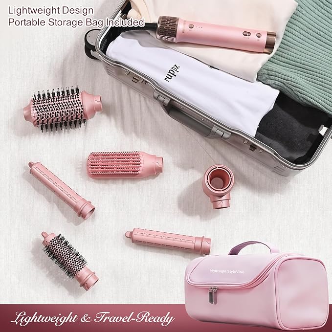 StyleVibe 6-in-1 Air Styler, Hair Dryer & Blow Dryer Brush with Travel Case - Auto Wrap Curls (L/R), Fast Drying, Thermal Round Brush for Smooth Blowouts & Frizz-Free Volume, No Heat Damage