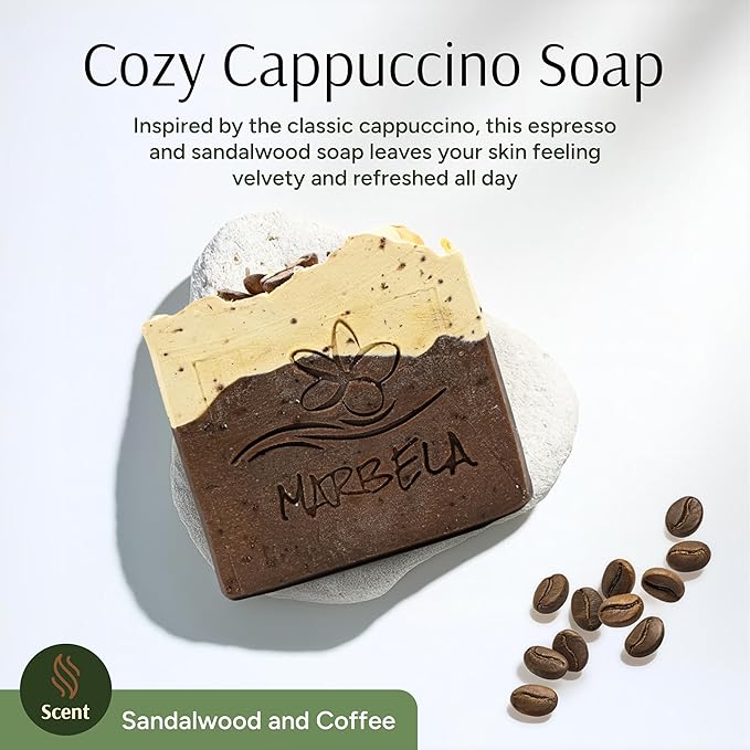 Marbela Cosmetics Cozy Cappuccino Handmade Soap Bar - Made in USA, Vegan Friendly, Palm Oil Free, Natural Bar Soap - Gentle Face & Body Soap for Daily Skin Care, Moisturizing & Nourishing - 3.5 oz