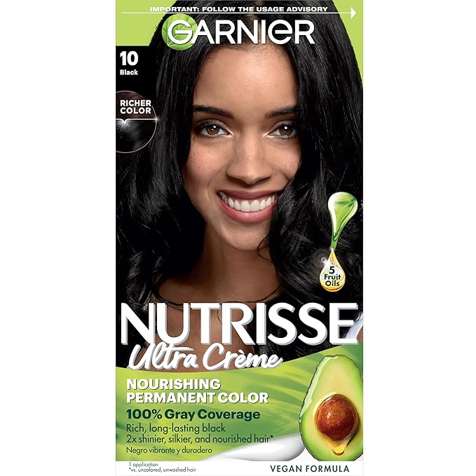 Garnier Hair Color Nutrisse Nourishing Creme, 10 Black (Licorice) Permanent Hair Dye, 1 Count (Packaging May Vary)