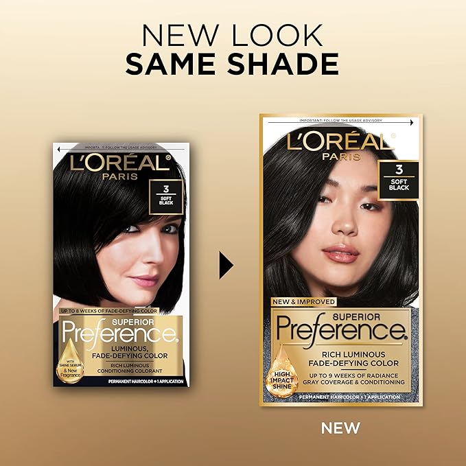 L'Oréal Paris Superior Preference Luminous Fade-Defying Permanent Hair Color, Hair Dye For Up to 9 Weeks of Radiance, Soft Black 3, 1 Hair Dye Kit