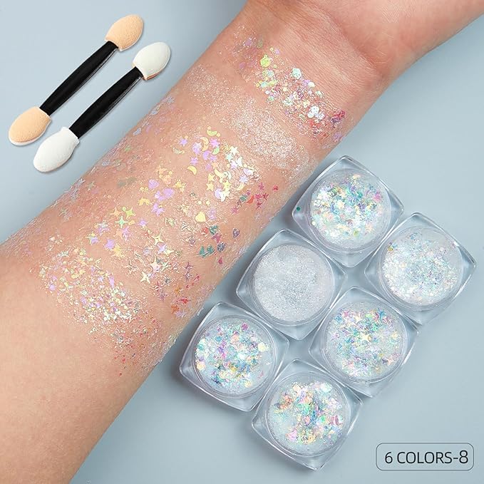 Clear White Face Body Hair Glitter Gel, Party Concerts Face Paint Mermaid Holographic Chunky Festival Rave Accessories Glitter Makeup, 6 Kinds of Sparkling Sequins for Hair Nail Eye Lip Body