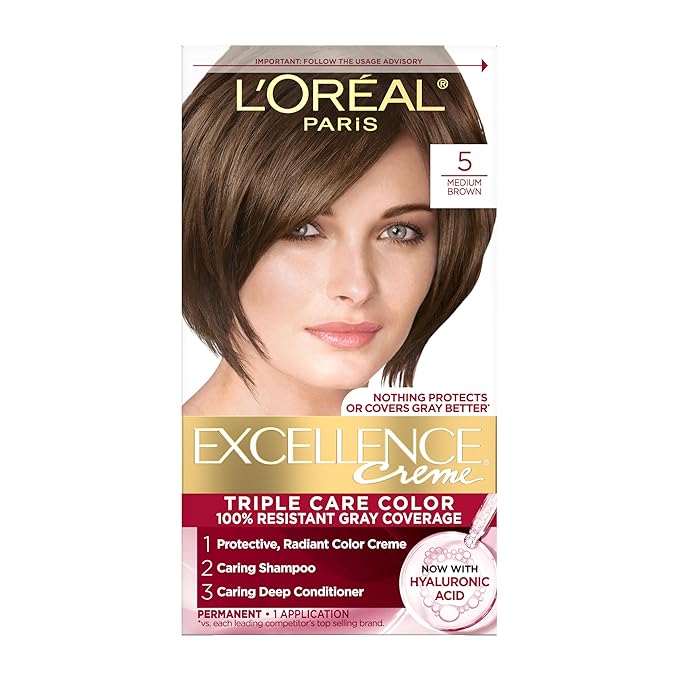 L'Oreal Paris Excellence Crème Permanent Hair Dye, Triple Care Hair Color with Pro-Keratine Complex for 100% Gray Hair Coverage, 5 Medium Brown, 1 Kit