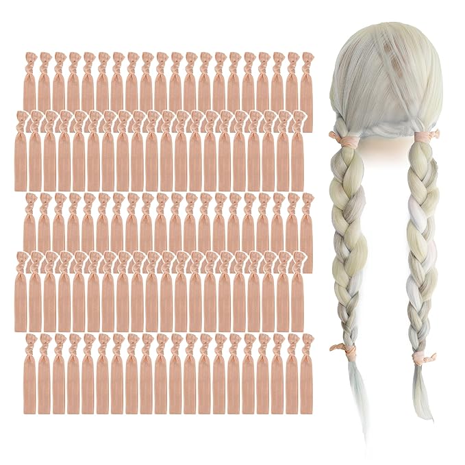 MEEDEE 100 Pack Peach Hair Ties For Women No Crease Soft Elastic Ribbon No Damage Peach Hair Ties Knotted Ouchless Hair Ribbon Yoga Hair Ribbons Elastic Bracelets