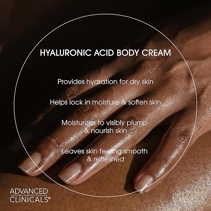 Advanced Clinicals Hyaluronic Acid Moisturizer Body Cream | Hydrating Cream & Body Lotion For Women & Men To Help Improve Look of Wrinkles, Stretch Marks, Dry Skin, & Crepey Skin, 16OZ + Travel Size