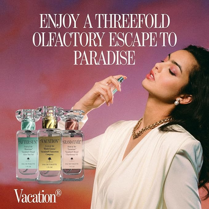 Vacation Eau De Toilette Trio, Signature Scents of "VACATION", "AFTER SUN" & "GRAND CUVÉE", Coconut, Aloe Vera, Argan, Amber & Summer Fragrances, Unisex Perfume Gift Set, 3 x 1 fl oz