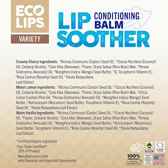 Eco Lips Conditioning Lip Soother Lip Balm – Natural & Moisturizing Lip Care with Shea & Murumuru Butter, Clean Beauty, Daily Hydration & Protection for Chapped Lips, Variety 3-pack 0.15 oz.