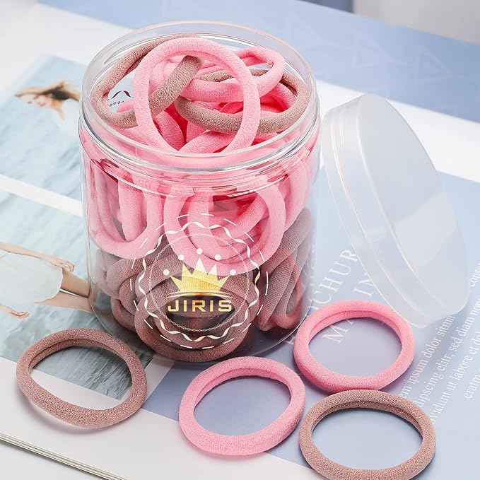 50Pcs Hair Ties for Women Girls,Cotton Seamless Hair Ties, Soft Ponytail Holders,No Crease No Damage Elastics Hair Bands with Box for Thick Heavy and Curly Hair (Pink)