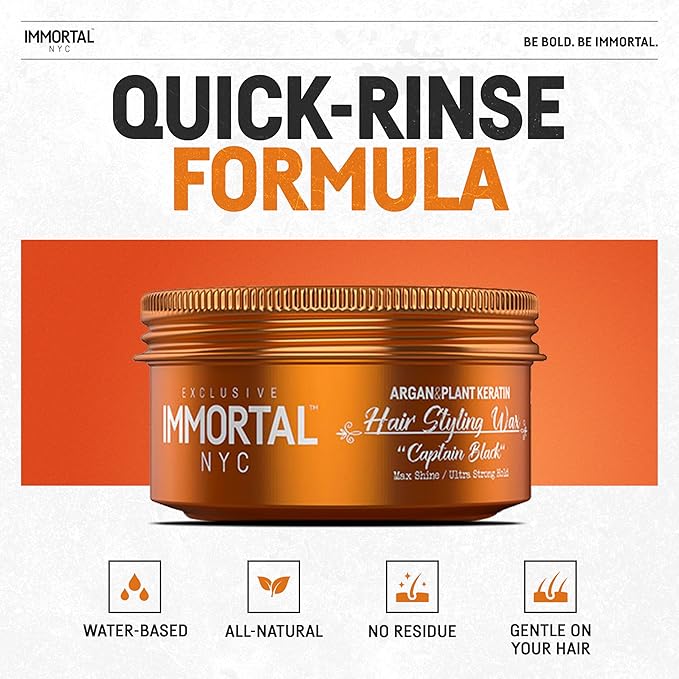 Immortal NYC Captain Black Hair Wax - 8 out of 9 Holding Ability, Max Shine - All Natural Water-Based Hair Wax for Men - No Residue, All Hair Types