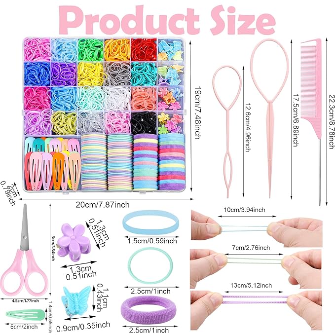 Hair Accessories for Girl, 1543 Pcs Elastic Hair Rubber Bands Set 20 Colors Elastic Hair Ties with Organizer Box Cotton Baby Hair Ties, Hair Tail Tools, Rat Tail Comb, Butterfly Hair Clips
