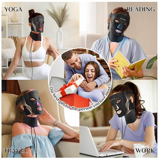 LED Light Therapy Mask Skin Care Mask & Neck, LED Red 630±5nm & NIR 830nm Wavelength for Home Use（Advanced Black）