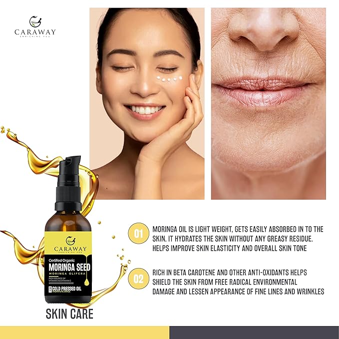 CARAWAY Organic 100% Pure Cold-Pressed Moringa Seed Oil - 4 fl oz | Unrefined Moringa Oil - Anti-Aging & Anti-Dandruff | Great for Hair, Skin and Face | Ideal Carrier Oil For Essential Oils Mixing