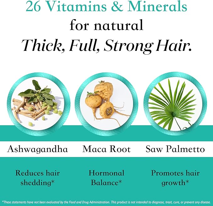 Women's Balance Hair Growth Supplements, Ages 45 and Up, Customer Proven for Visibly Thicker Hair and Scalp Coverage, Soy-Free, Made with 26 Ingredients Including Beta Carotenes - 1 Month Supply