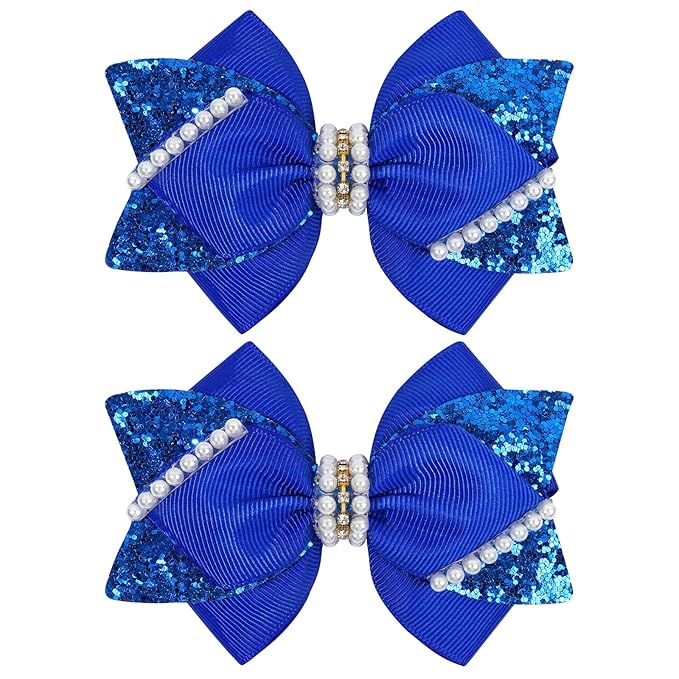 4" Sparkly Glitter Sequin Ribbon Hair Bow Clips,Pearl Wedding Boutique Alligator Barrettes Pins for Teens Toddler,Cheerleader Girls Kids Birthday Party Dress Decor Accessory (Deep Blue)