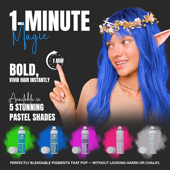 Herbishh Koloret Pastel Blue Hair Tint Spray (69g), Washable Temporary Color Mist for Light & Dark Strands, Quick-Dry, Non-Sticky, Travel-Friendly Root Touch Up for Women