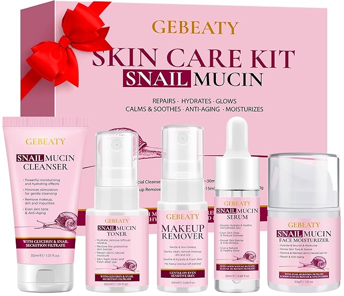 Gifts for Women,5 Pcs Skin Care Set W/Korean Snail Extract,Hydrating Moisturing Repairing Soothing Snail Mucin Serum Facial Skin Care Routine Kit for Dull Skin & Dry Skin,Gift Set for Women Teen Girls