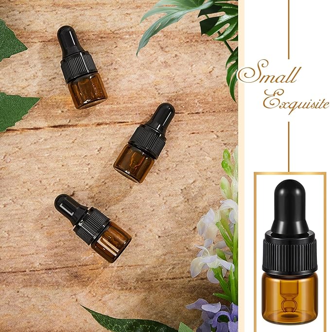 200 Pcs Mini Glass Oil Dropper Bottle Bulk, Clear Essential Small Empty Bottles Sample Containers Perfume Liquid Vials with Cap for Traveling (1 ml,Amber)