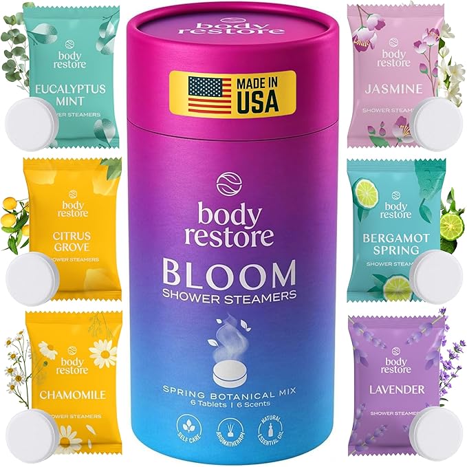 Body Restore Shower Steamers Aromatherapy 6 Pack - Christmas Stocking Stuffers, Birthday Gifts for Women, White Elephant, Relaxation, Self Care for Men - Bloom
