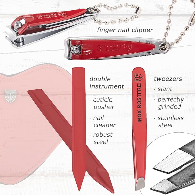 3 Swords Germany - brand quality 5 piece manicure pedicure grooming kit set for professional finger & toe nail care tweezers file clipper genuine leather case in gift box, Made by 3 Swords (03898)