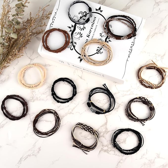 Hair Tie Bracelets Boho Hair Ties Bracelets for Women, 72PCS Boho Hair Accessories Hair Ties No Damage for Thick Thin Hair Medium Long Hair Pony Tails (Boho B)