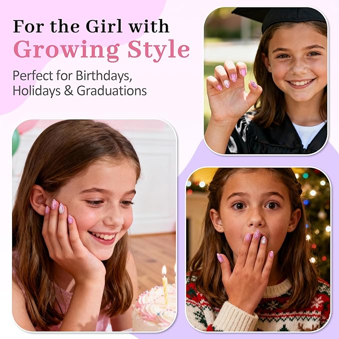 16 Sizes Press on Nails Kit for Kids - 32 Pieces French Almond Fake Nail Tips for Girls 8-12 Years Old with Jelly Nail Adhesives & No-Lamp Nail Glue, Birthday Christmas Gifts (Pink Ice Cream)