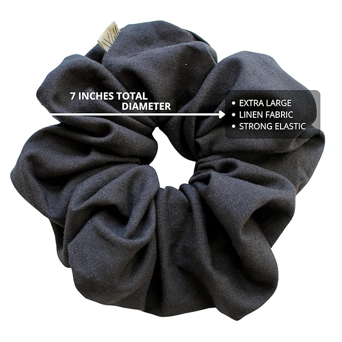 Handmade Oversized Linen Scrunchie – 100% Natural Linen in Dusty Pink, Blue, Sand or Yellow – Gentle Hold for All Hair Types – Unique, Soft, and Lightweight Hair Accessory (Charcoal)