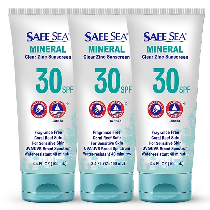 Safe Sea Zinc Oxide Sunscreen SPF30 | Clear Mineral Face And Body Reef Safe Sunscreen Without White Cast | Anti-Jellyfish Sting Protective Lotion | 3.4Oz (100ml) (3 Pack)
