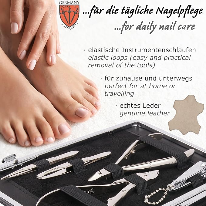 3 Swords Germany - brand quality 11 piece manicure pedicure grooming kit set for professional finger & toe nail care scissors clipper black genuine leather case in gift box, Made in Germany
