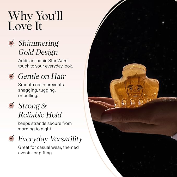 Kitsch x Star Wars C-3PO Glitter Medium Hair Clip for Women – Golden Droid Galaxy-Inspired Claw Clip | Recycled Plastic, Strong Secure Grip, | Ideal Gifts for Women, Hair Accessories for Girls