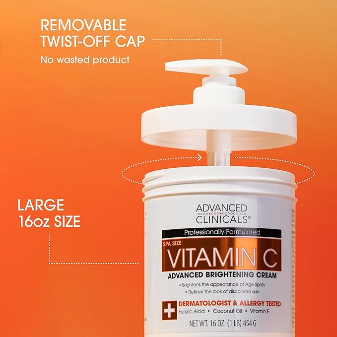 Advanced Clinicals Vitamin C Cream Visibly Brightening Body Lotion | Vitamin C Moisturizer Skin Care Body Cream For Women & Men Visibly Improves Look Of Dark Spots & Uneven Skin Tone, W/Travel Size
