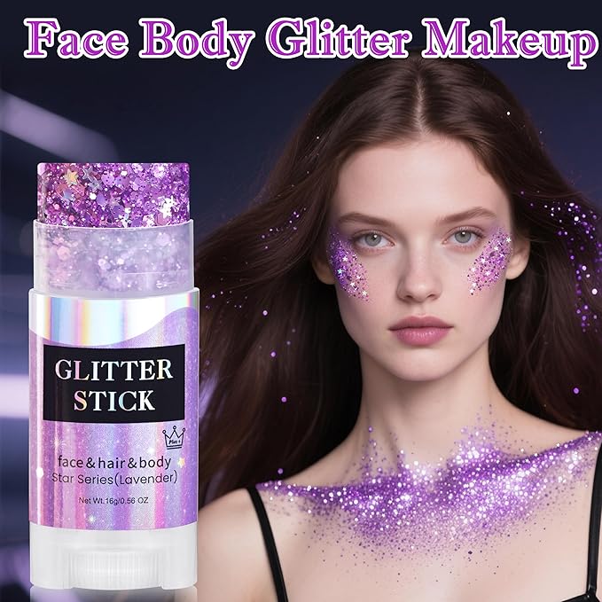 MEICOLY Light Purple Hair Glitter Stick for Women,Halloween Face Glitter Stick Spirit Week Wear,Women Costume Sparkle Chunky Glitter Makeup,Waterproof Body Glitter for Party Rave Festival