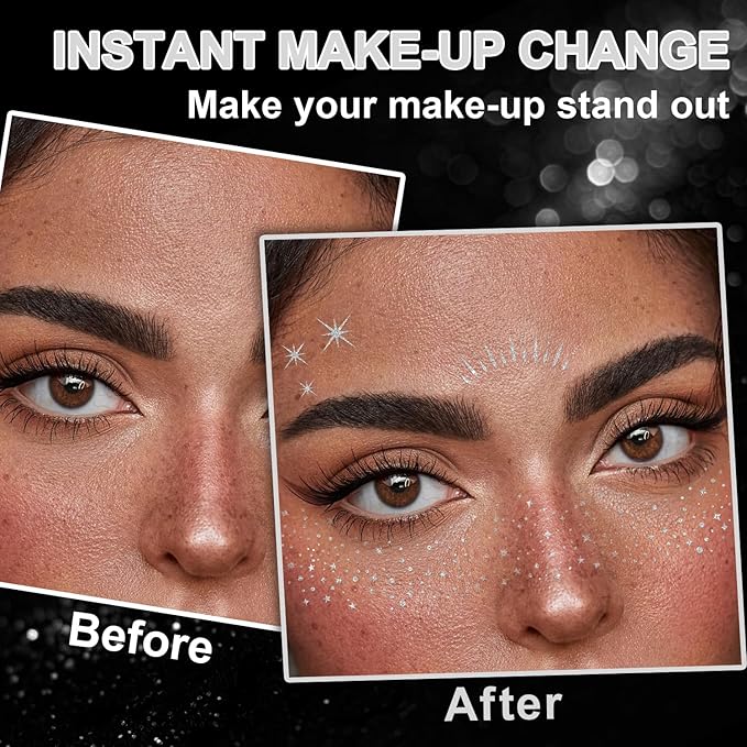 20 Pcs Face Makeup Patches, Glitter Freckles Face Tattoo for Teenagers & Young Women, Sparkle Freckles Makeup Patches, Waterproof Face Glitter Freckles for Christmas (Silver)