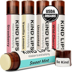 Kind Lips Organic Lip Balm Variety 5-Pack – Sweet Mint, Wild Cherry & More • 100% Natural, Clean, Moisturizing Lip Care • Made in USA • Gluten Free, Grain Free, Premium chapstick Gift Set